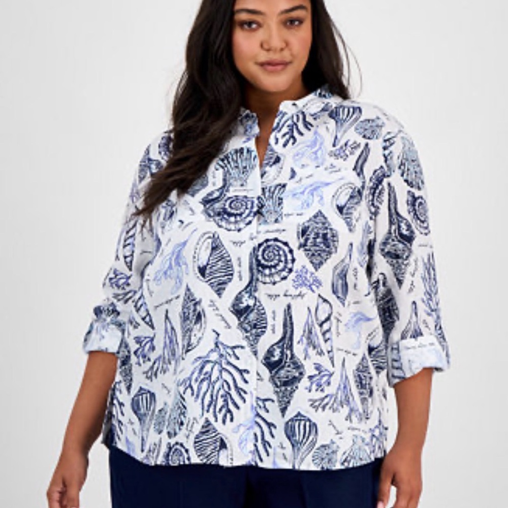 Charter Club Linen Shell & Coral Print Top  White & Navy Size XL